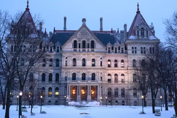 New York State Capitol building with snow