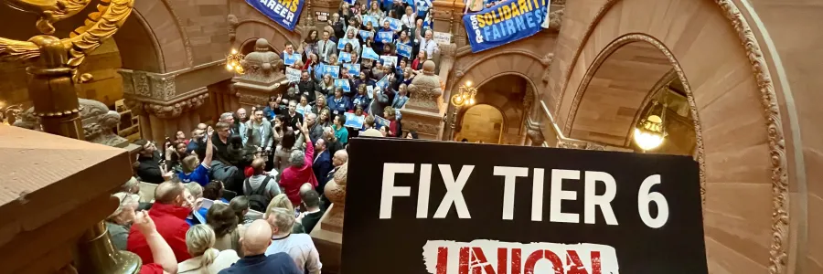 Photo of a rally on the Million Dollar Staircase in support of reforming Tier 6
