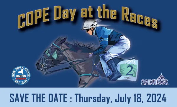 graphic with horse, jockey and text: "cope day at the races; save the date: thursday, july 18 2024