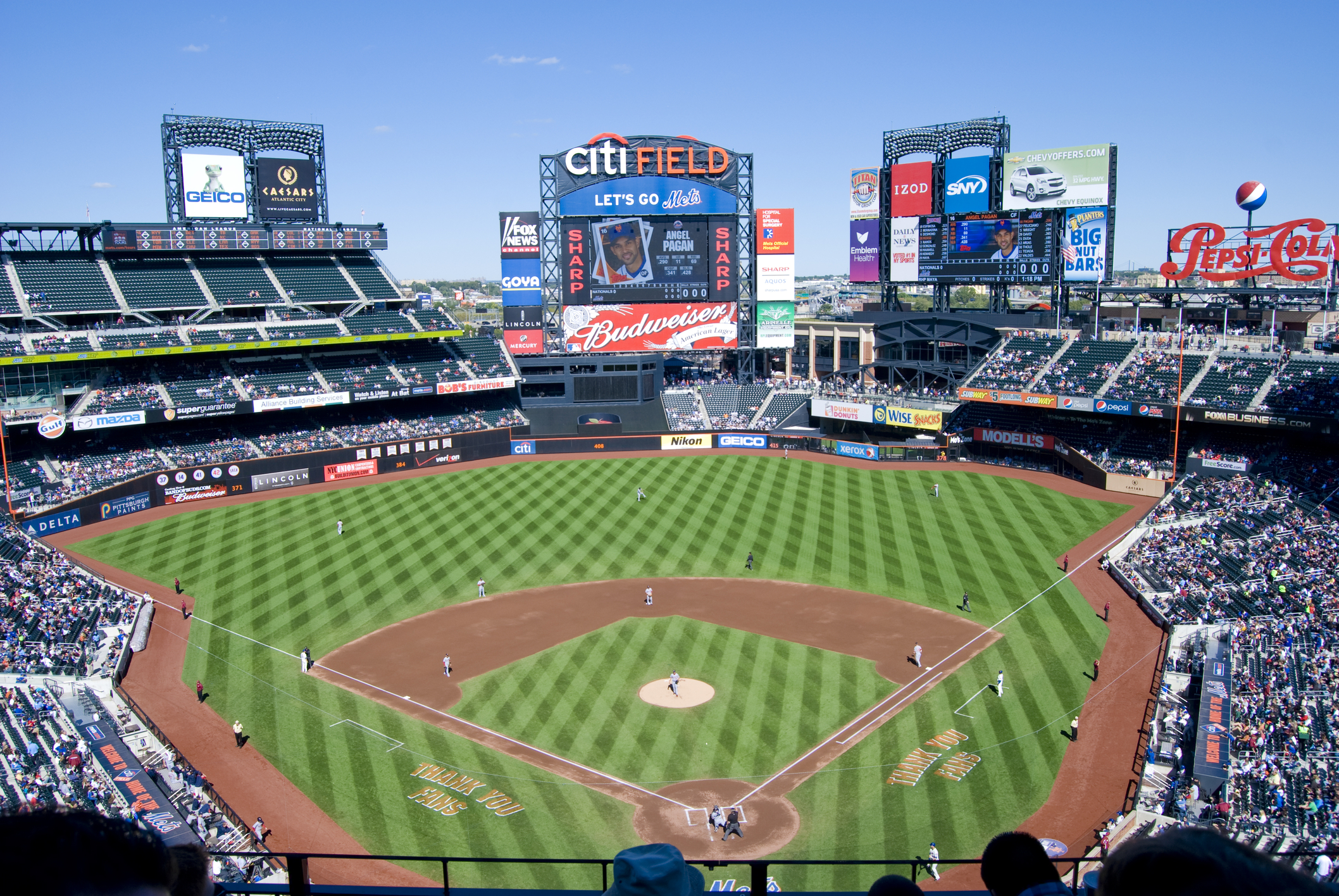 Citi Field on a sunny day with a blue sky and no clouds