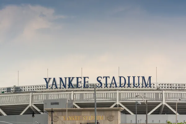 Yankee Stadium sign at sunset