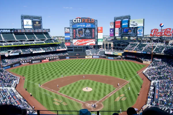 Citi Field on a sunny day with a blue sky and no clouds