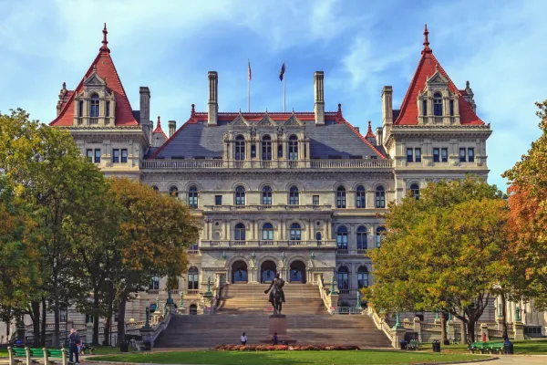Front of New York State Capitol building in the fall