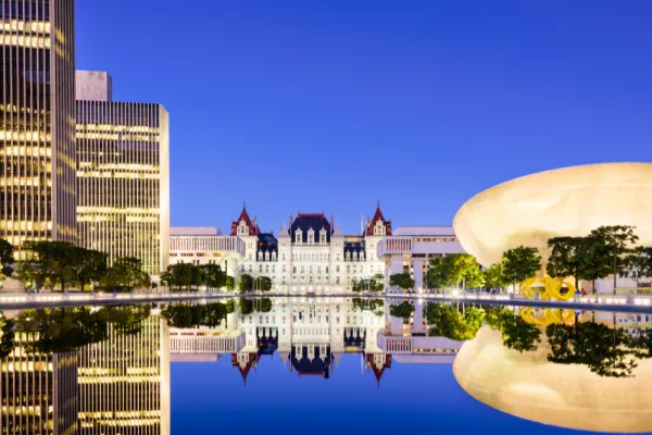 NYS Capitol, the Egg and surrounding buildings at dusk