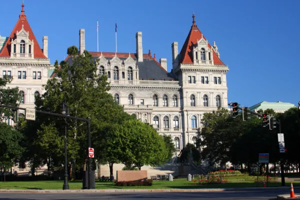 NYS Capitol building un sunny day, blue skies during late spring or summer