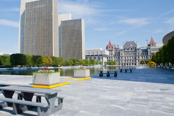 NYS Capitol from inside Empire State Plaza