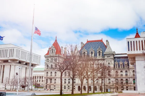 New York State Capitol building in the winter