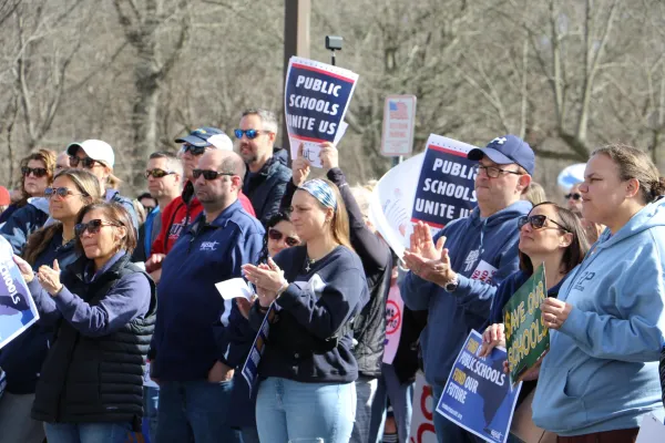 Educators rallied in Hauppauge against proposed budget cuts and possible layoffs