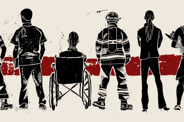 Graphic featuring workers lined up along red line facing away