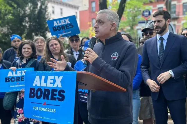 Mario Cilento speaking at labor rally for Alex Bores