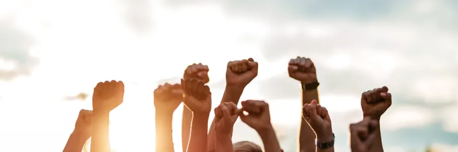 Group of people raising fists in air with sun behind them, can't see faces