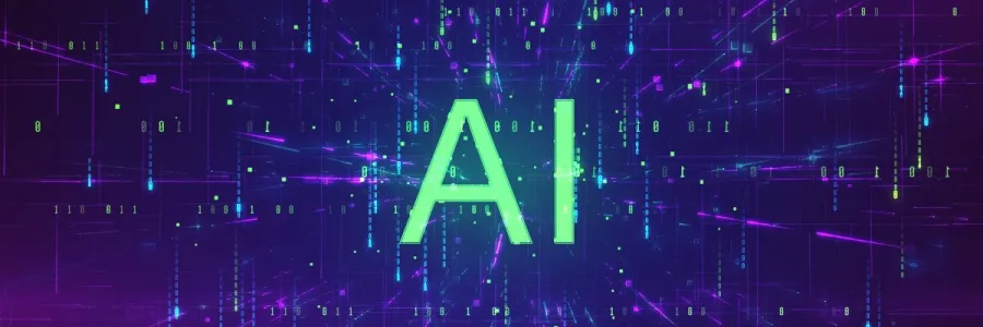 Graphic with 0s and 1s in background that says "AI" in the middle
