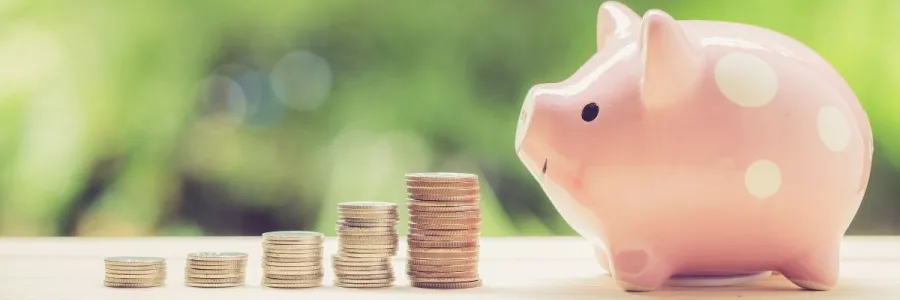 pink piggy bank sitting next to stacks of coins