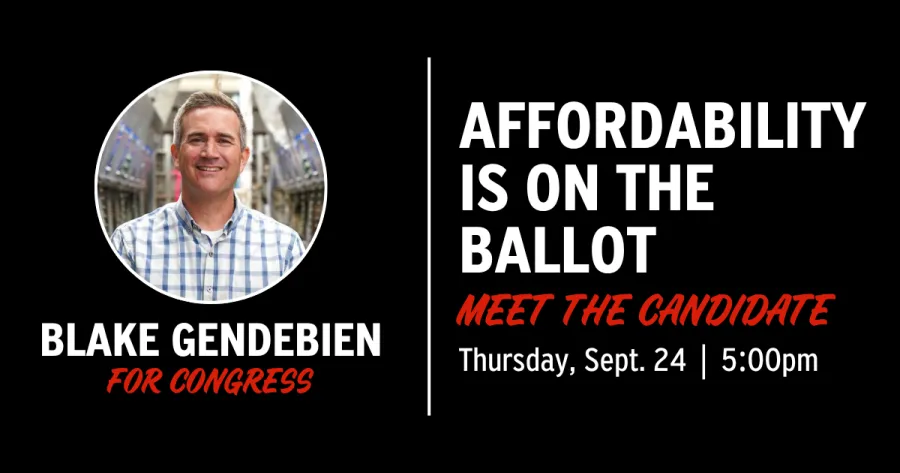 graphic that shows candidate headshot and says: affordability is on the ballot; meet the candidate; thursday, sept 24 at 5pm; blake gendebien for congress
