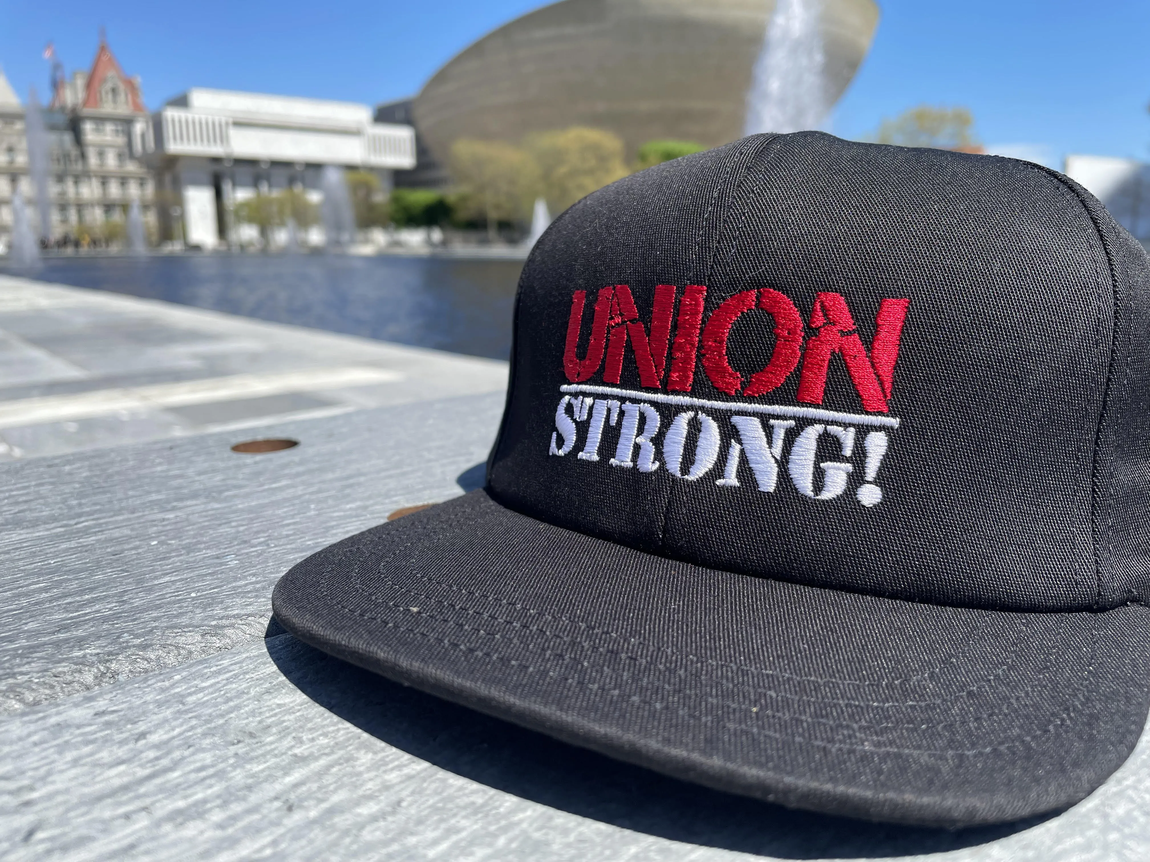 Union Strong hat outside in Albany with The Egg and the Capitol Building in background