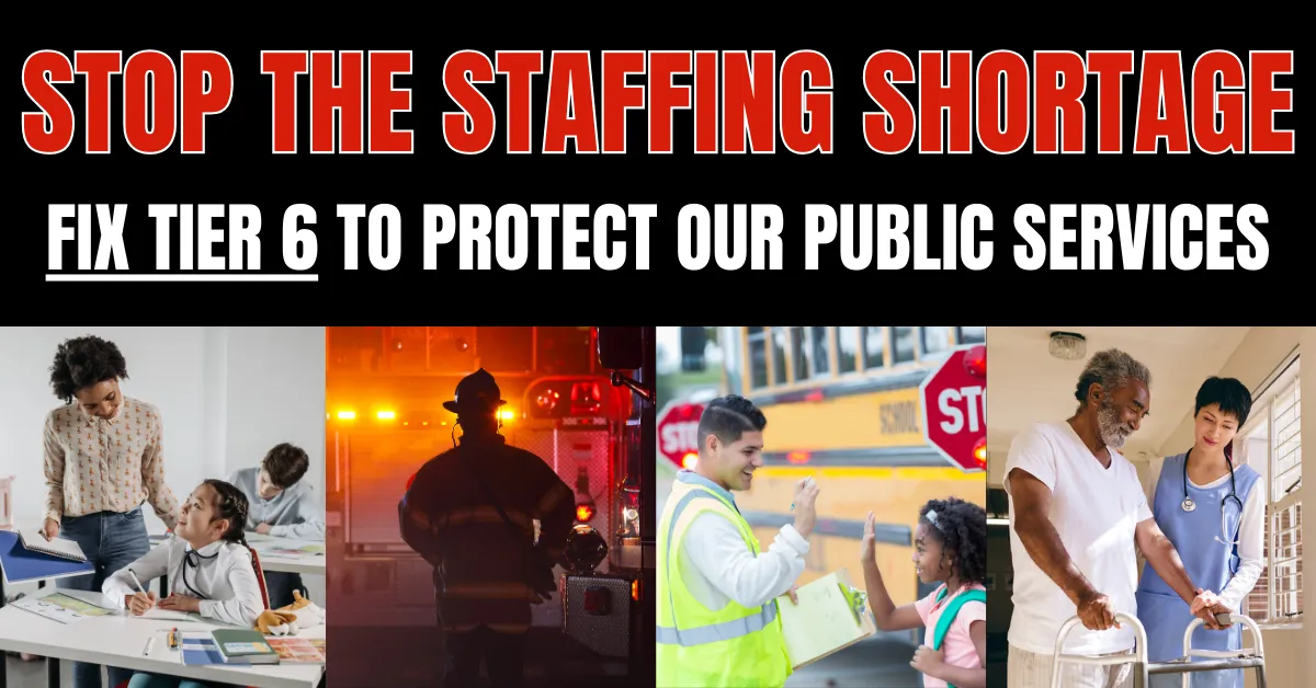 photos of workers with text: stop the staffing shortage, fix tier 6 to protect our public services