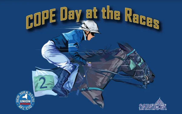 Horse and jockey graphic with text "COPE Day at the Races"
