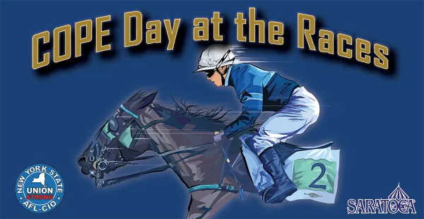 Horse and jockey with text: COPE Day at the Races