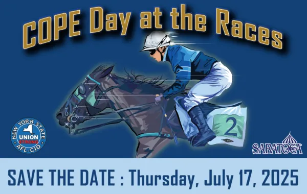 Graphic with horse and jockey that says: COPE Day at the Races; Save the date: Thursday, July 17, 2025